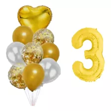 Kit 9 Balões Bexiga Coração E 1 Número Metalizado Dourado