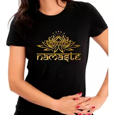 Camiseta Baby Look Preta Namaste Gratidão Zen Dourada