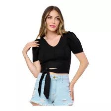 Cropped Feminino Tricot Modal Com Manga Bufante E Laço