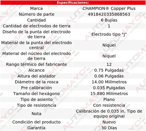 Kit 6 Bujas Encendido Cobre Champion Xj6 4.0l 6 Cil 96-97 Foto 2