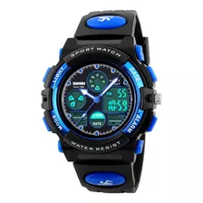 Reloj Pulsera Skmei 1163 De Cuerpo Color Negro, Analógico-digital, Para Niños, Fondo Gris, Con Correa De Poliuretano Color Azul, Agujas Color Blanco Y Azul, Dial Azul Y Blanco, Subesferas Color Gris Y