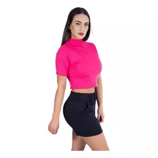 Top Cropped Feminina Gola Alta Malha Canelada Moda Gringa 