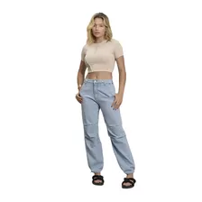 Calça Parachute Feminina Jeans Cintura Alta Barra Ajustável