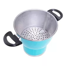 Panela Grande Fazer Cuscuz E Cozir Alimento N 18 Tampa Vidro Cor Azul-celeste