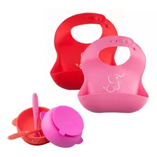 Set De Comida Para Bebé, 2 Platos, 2 Cucharas Y 2 Baberos Color Rosa/rojo Set Baberos Silicón Y Bowls