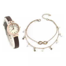 Relógio Feminino Dourado Pulseira Em Couro Pequeno Kit Joias Cor Da Correia Marrom-escuro E Preto Cor Do Fundo Branco