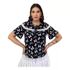 Blusa Feminina Manga Curta Moda Verão Preto C/branco