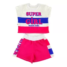 Conjunto Infantil Menina Blusa Boxy Super Girl Azul E Rosa