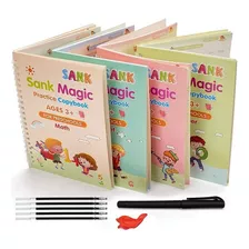 Kit Com 4 Cadernos Para Prática De Caligrafia Mágica Infantil Sank Magic, Possui Textos, Numeros, Letras E Canetas Magica Para Interação Que Se Apaga Após O Uso 