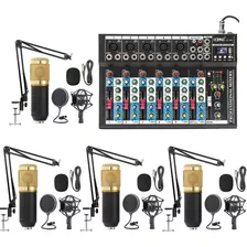 Kit Podcast Mesa De Som Bluetooth 6 Canais 4 Microfones Pro