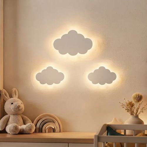 Nuvem Com Luz Led Branco Quente Amarelado Quarto Bebe Kit 3p Decoração Quarto De Bebe E Porta De Maternidade