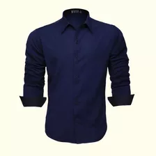 Camisa Social Masculina Slim Manga Longa Azul Marinho