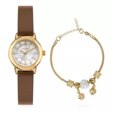 Relógio Feminino Condor Luxo Dourado + Pulseira Com Berloque