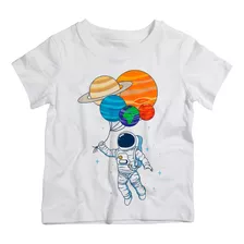 Camiseta Infantil Astronauta Planeta Céu Lua Nave Espacial