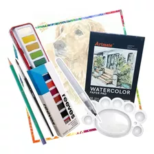 Set Acuarelas Pinceles Paleta Hojas Tinta Dibujo Importado