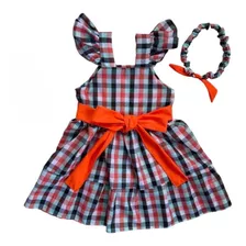 Vestido Infantil Menina Temático Xadrez Festa Junina Tiara