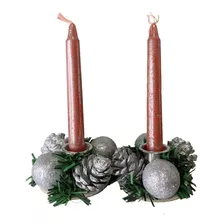 Kit 2 Velas De Natal Com Castiçal Suporte Decorada Rose