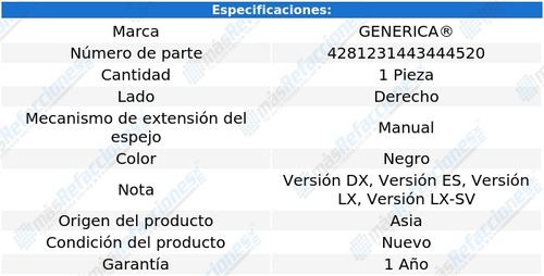 (1) Espejo Lateral Derecho Man Generica Mpv Del 2000 Al 2006 Foto 2