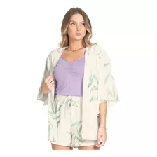 Kimono Feminino Estampado Em Tactel Rovitex Bege