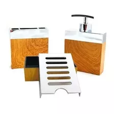 Kit Baño Jabonera + Dispenser + Porta Cepillos Símil Madera 