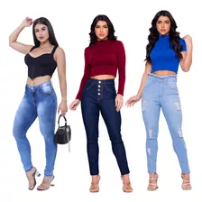 Kit C/3 Calças Jeans Feminina Skinny Cós Alto Promoção 