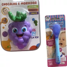 Kit Brinquedo Mordedor Chocalho Mais Colher De Silicone Bebê