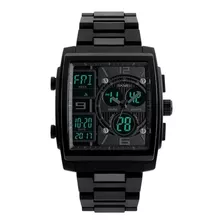 Pulseira De Relógio Masculina Skmei 1274 Classic Square Analog Digital, Cor Preta, Moldura, Cor De Fundo Preta