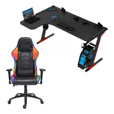 Set Gamer Silla + Escritorio Led Rgb Porta Vasos Reclinable 