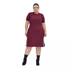 Vestido Canelado Midi Com Listra Plus Size