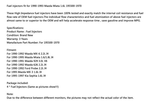 4 Inyector Combustible For Mazda Miata 929 626 Mx6 Mx3 I4 Foto 8