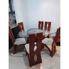 Mesa De Comedor Triangular De Madera-vidrio Biselado 6 Puest