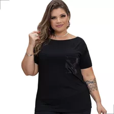 Blusa Manga Curta Detalhe No Bolso Em Paete Plus Size Verão