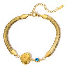 Pulsera Mujer Corazon Amuleto Ojo Turco Chapado Oro 18k