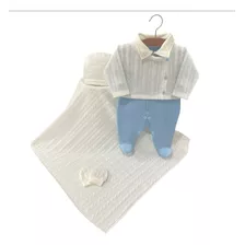 Saída Maternidade Azul Bebê Com Off White