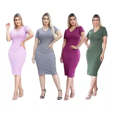 Kit 4 Vestidos Midi Canelado Social Tubinho Luxo Casual