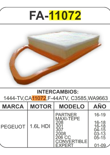 Filtro Aire Peugeot Partner 208 301 307 2008 Diesel Fa-11072 Foto 3