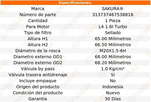 (1) Filtro Aceite Nissan Sentra 1.6l 4 Cil 17/19 Sakura Foto 3