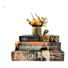 Kit Sala Luxo Livro Caixa + Frase Decorativa + Vaso C/ Flor Cor Bege Liso