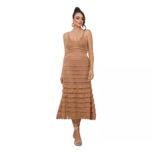 Vestido Midi Tricot De Alça Babados Rendado Forrado Juliana 