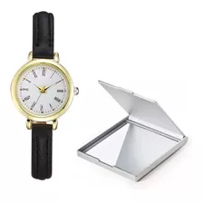 Relógio Feminino Dourado Mini Pulseira Em Couro Com Espelho