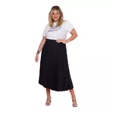 Saia Midi Feminina Plissada Plus Size Cores Lisas Tendência 