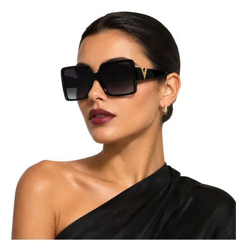 Lentes De Sol Mujer Oversize Cuadrados Negros Dorado Uv400 Negro
