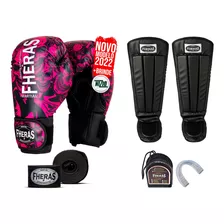 Kit Muay Thai Pro Caveira Rosa Bandagem Caneleira Bucal 10oz