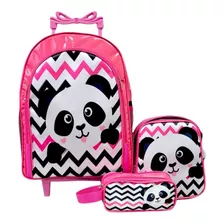 Mochila Panda Rodinhas Lancheira Estojo