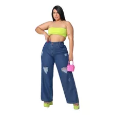 Calça Flare Wide Leg Jeans Feminino Moda Plus Size Lm