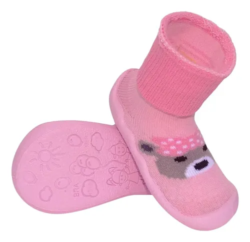 Meia Sola Emborrachada Antiderrapante Bebê Menina Inverno Rosa Ursa 19/20