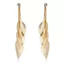 Finos Aretes Largos Hojas Filigrana Swarovski Oro 14k Lam