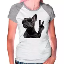 Camiseta Raglan Buldog Francês Pet Dog Cinza Branca Fem06