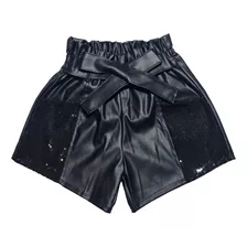 Short Couro Infantil Menina Bolso Paetê Primavera Verão