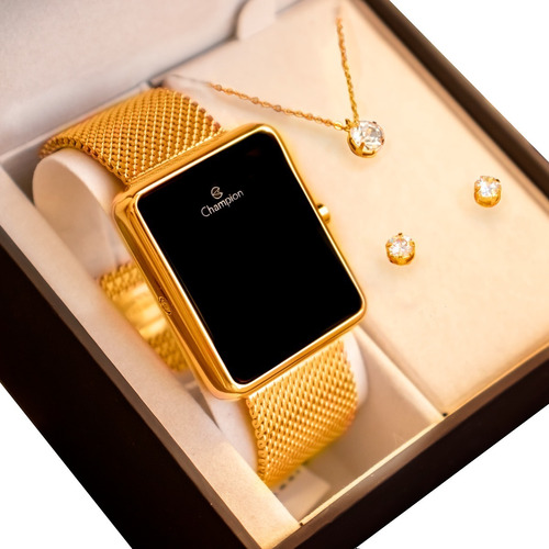 Relógio Champion Feminino Digital Quadrado Dourado Led 